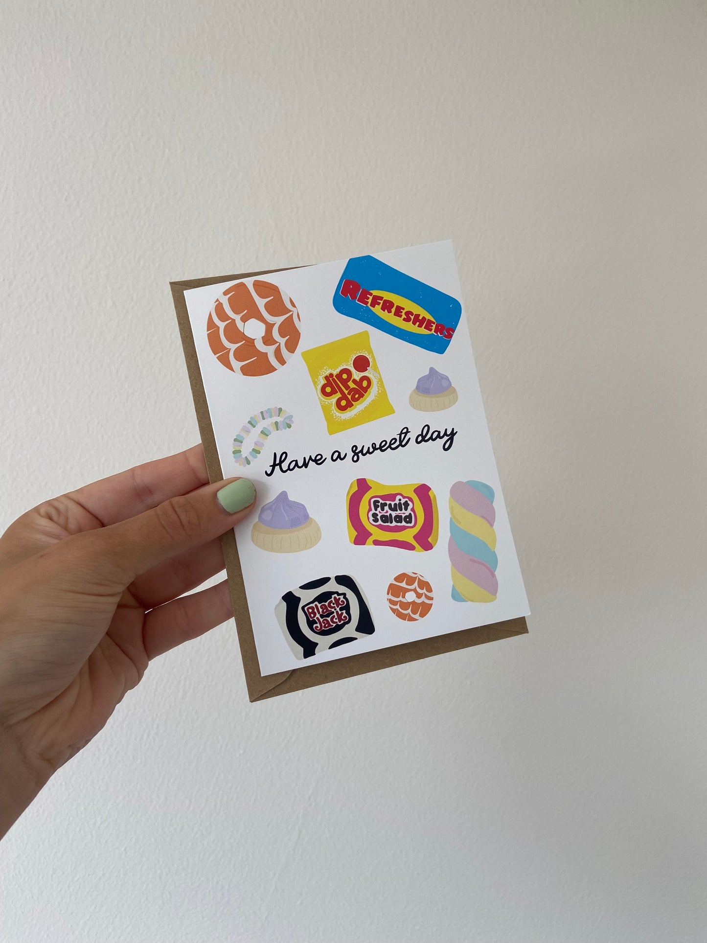 “Have a sweet day” card. Nostalgic sweets. A6.