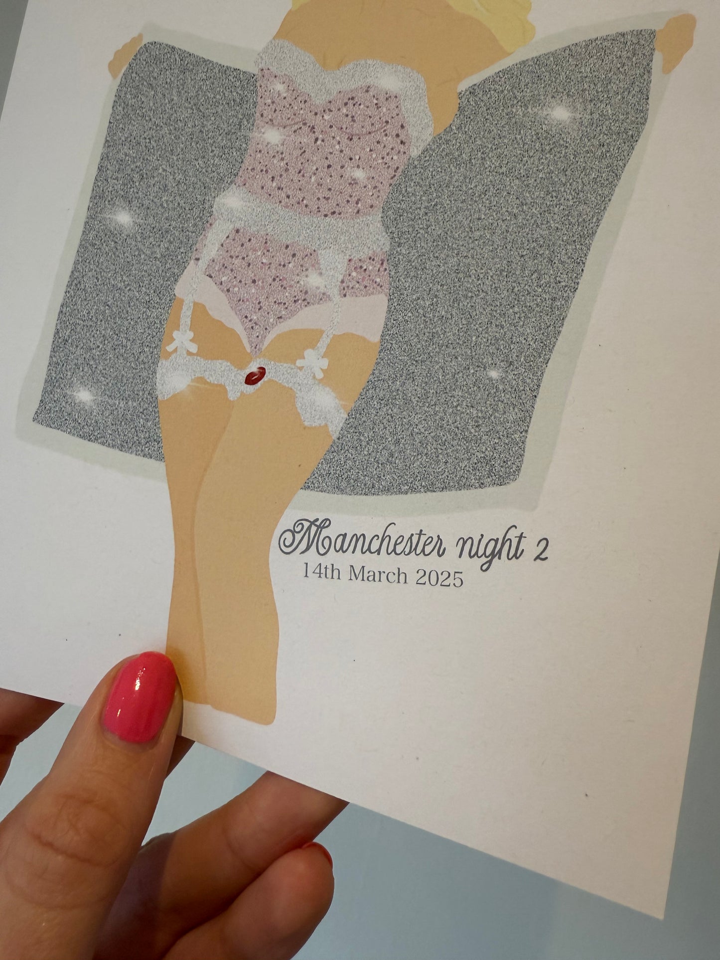 Short n’ Sweet Manchester outfit prints. A5 print. Nights 1 and 2