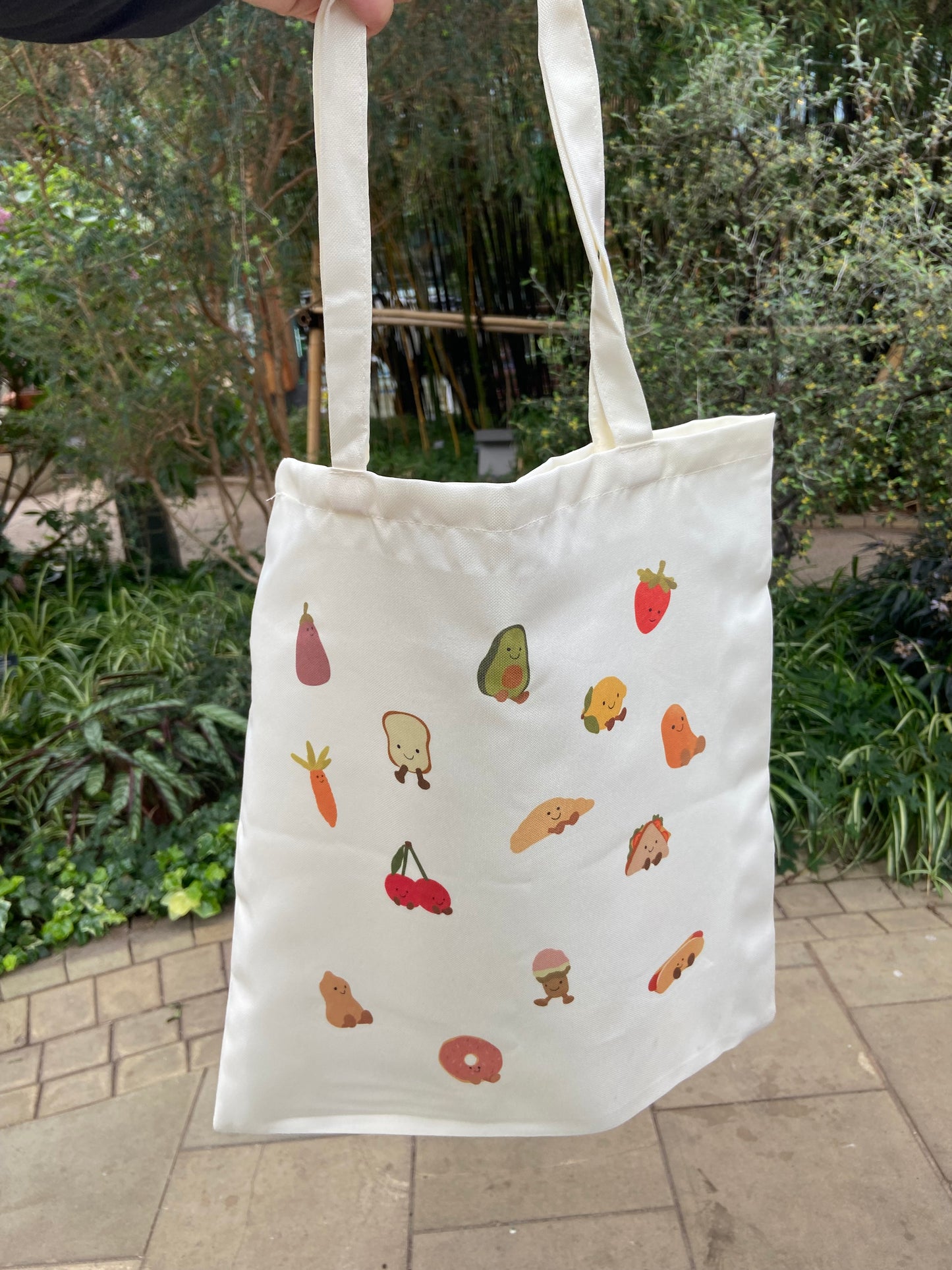 Food cuddly toy tote bag. Cream
