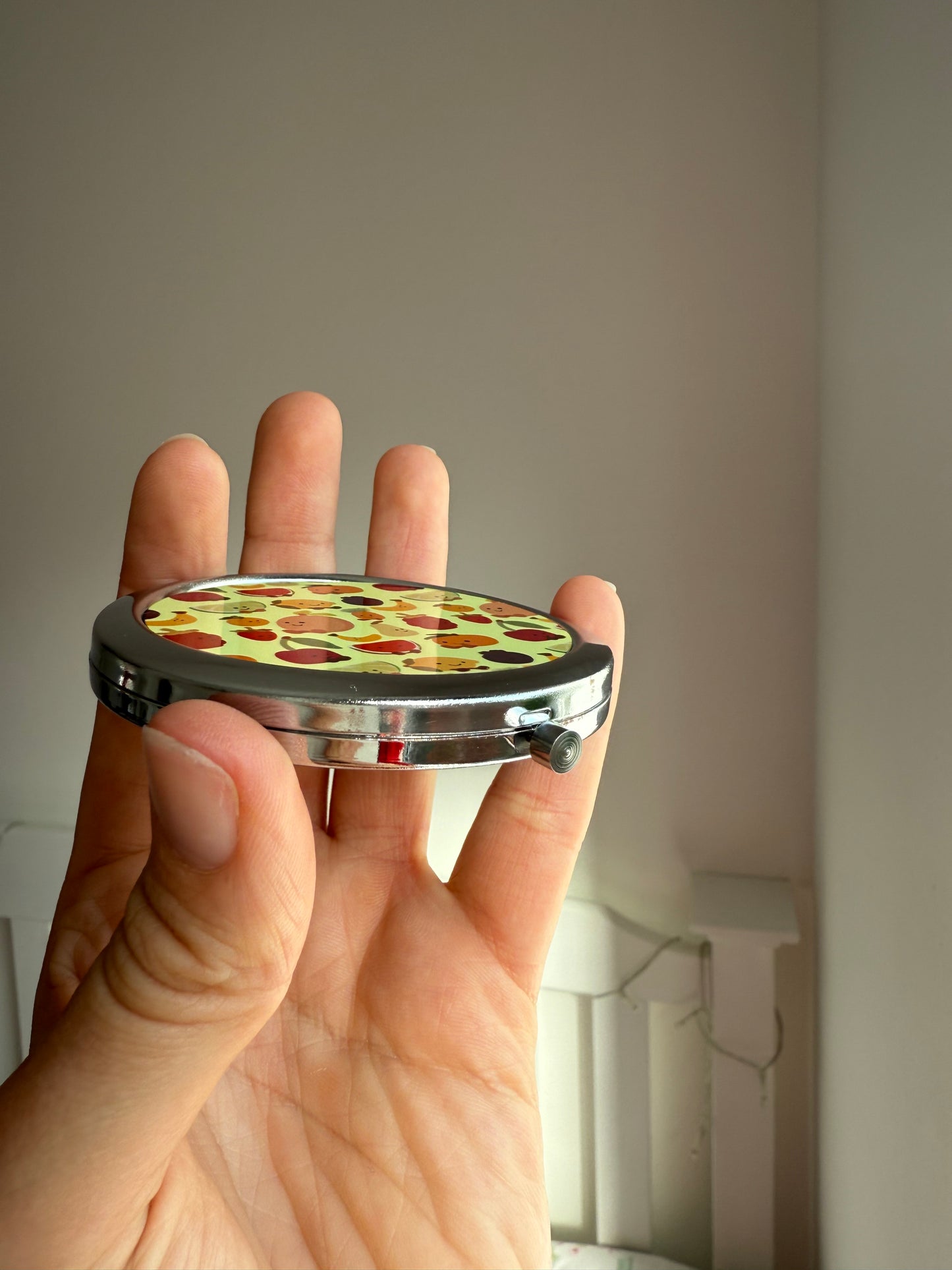 Summer fruits compact mirror. Round. Silver.