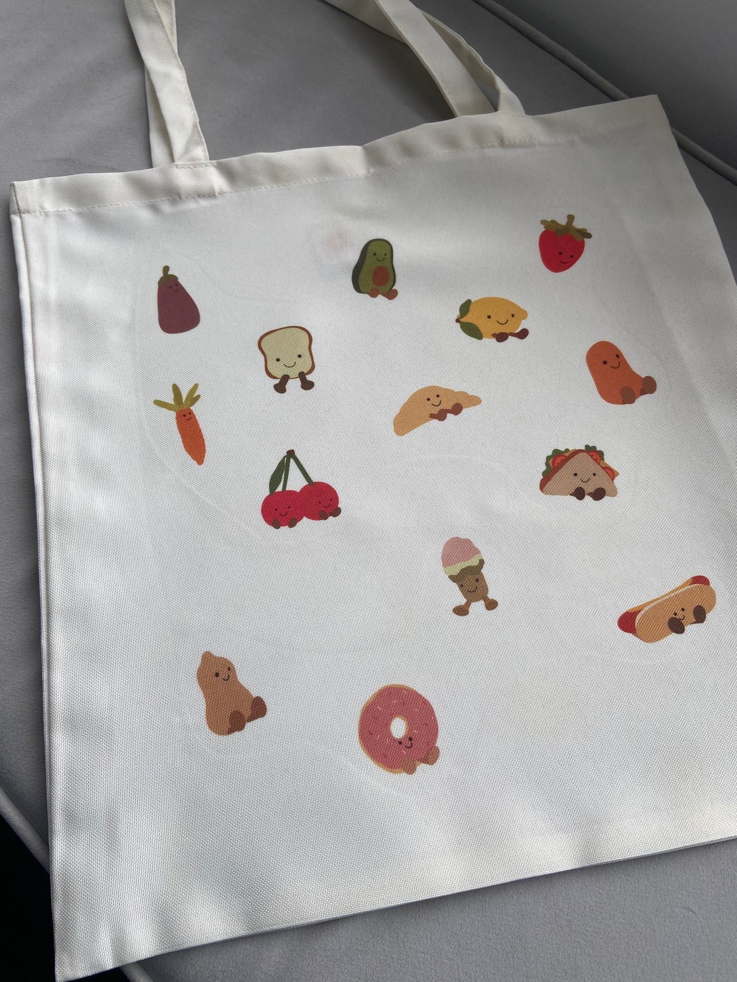 Food cuddly toy tote bag. Cream