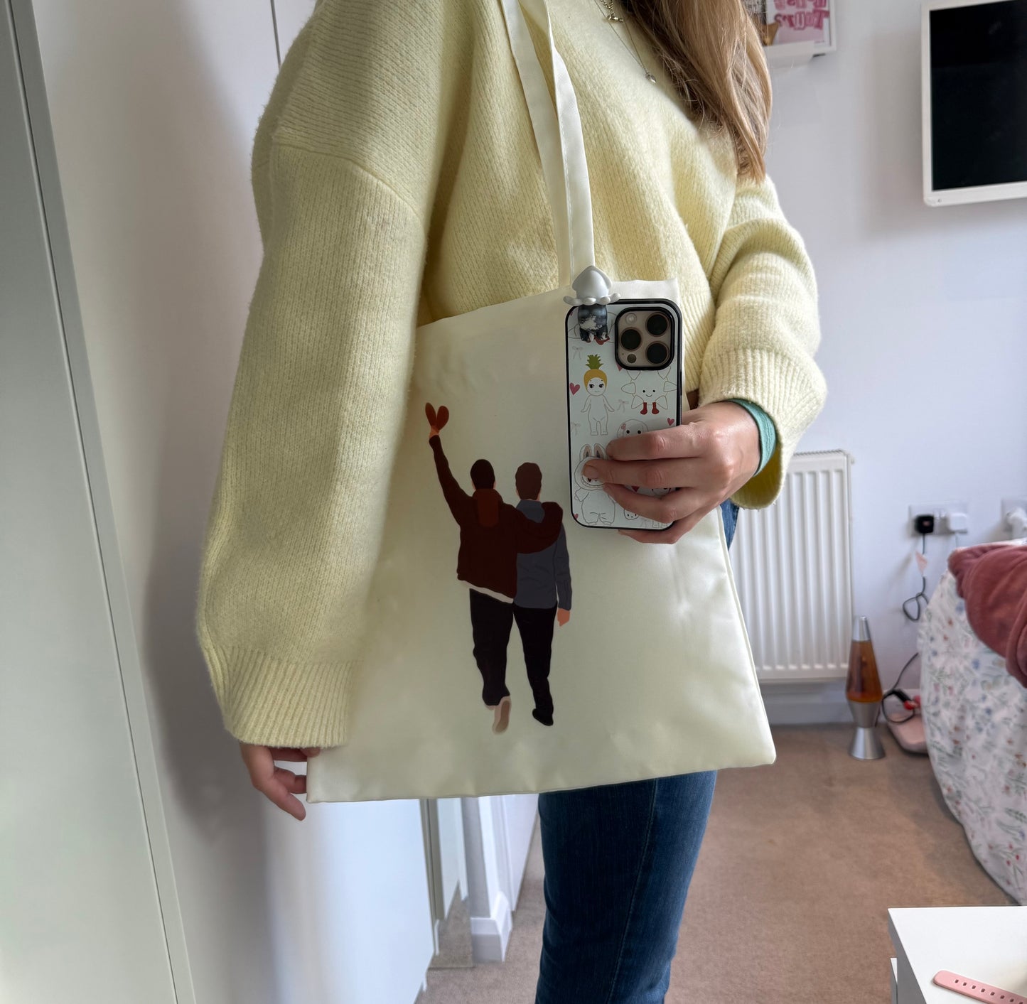 Liam and Noel tote bag. Oasis Live 25. Cream
