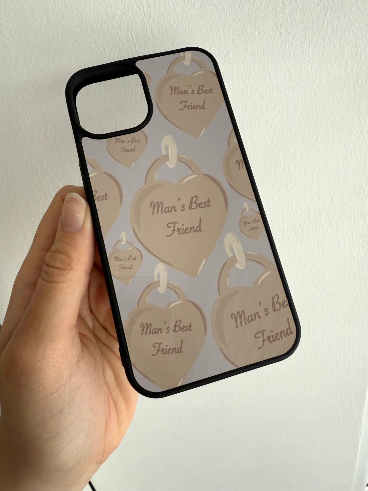 Man’s friend phone case. Heart tag. Blue background