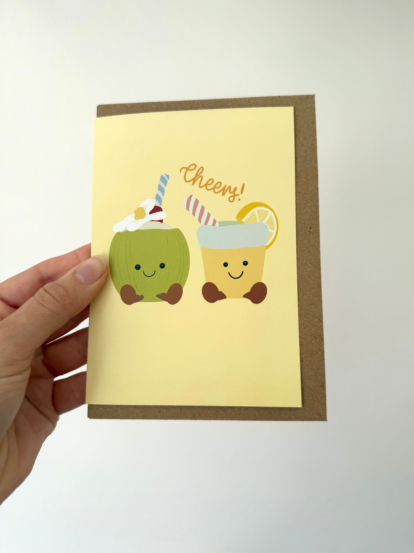 “Cheers” card. Summer drinks. A6. Cuddly toy inspired