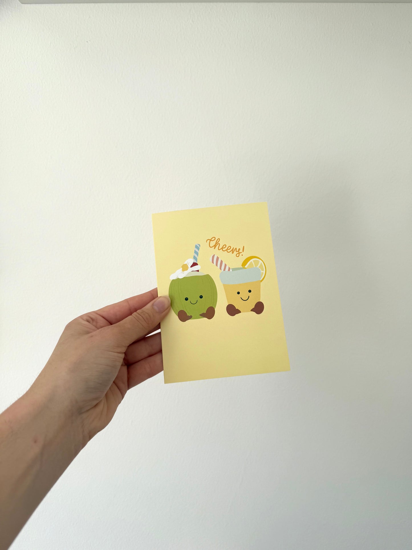 “Cheers” card. Summer drinks. A6. Cuddly toy inspired