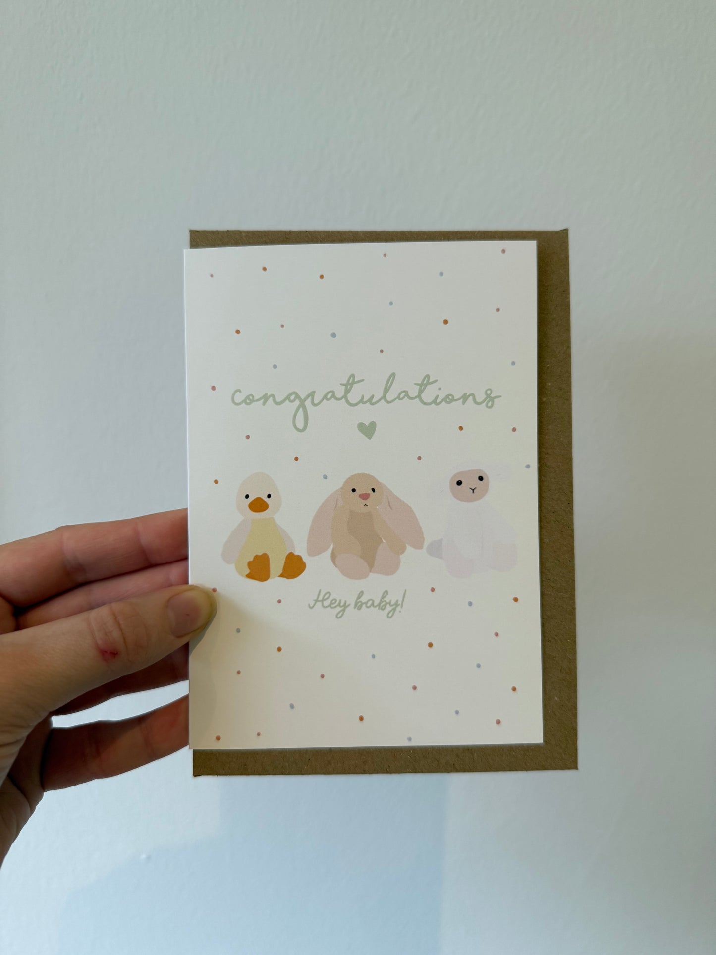 Baby card. “Hey Baby”. A6. Cuddly toy animals