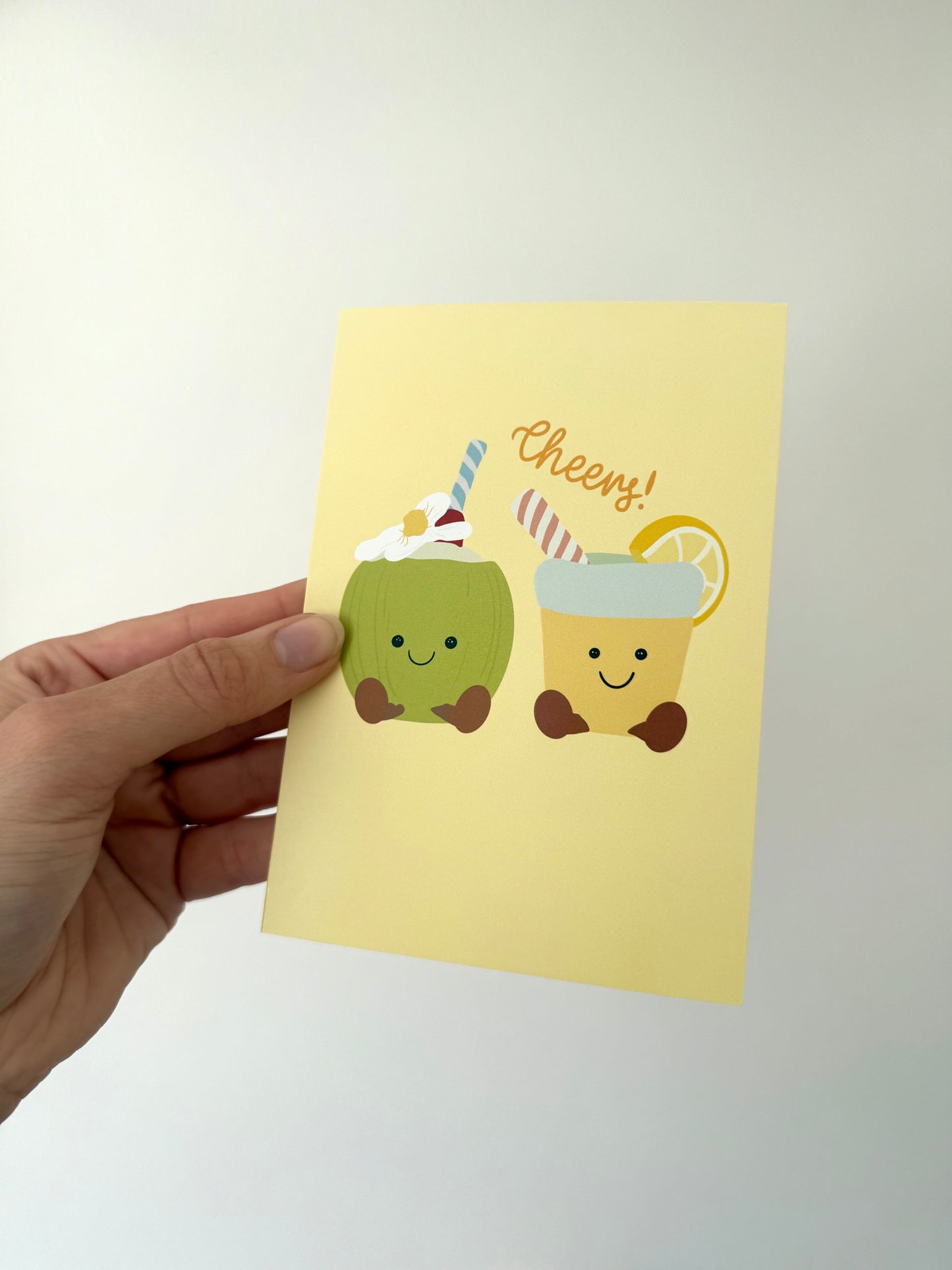“Cheers” card. Summer drinks. A6. Cuddly toy inspired