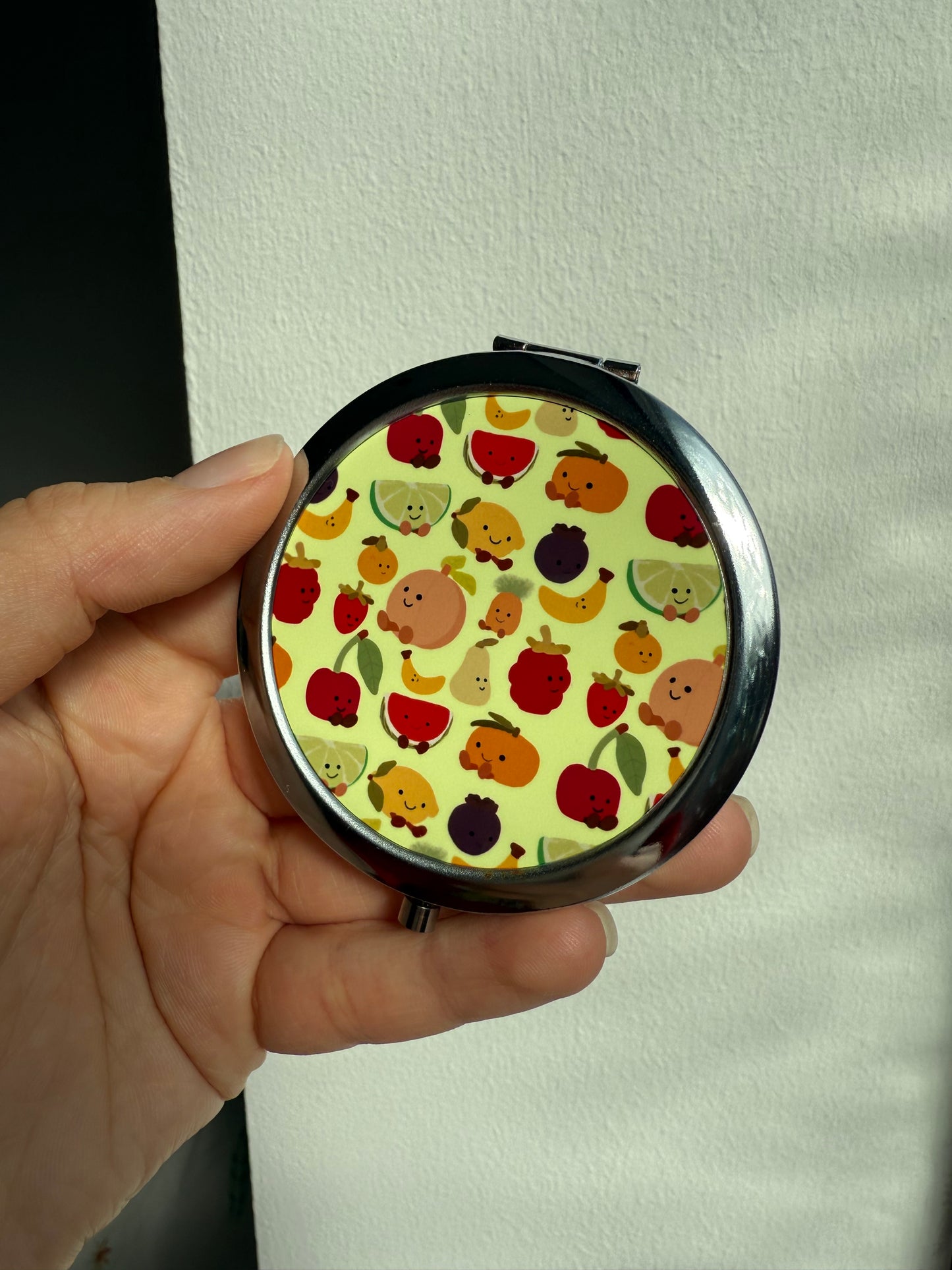 Summer fruits compact mirror. Round. Silver.