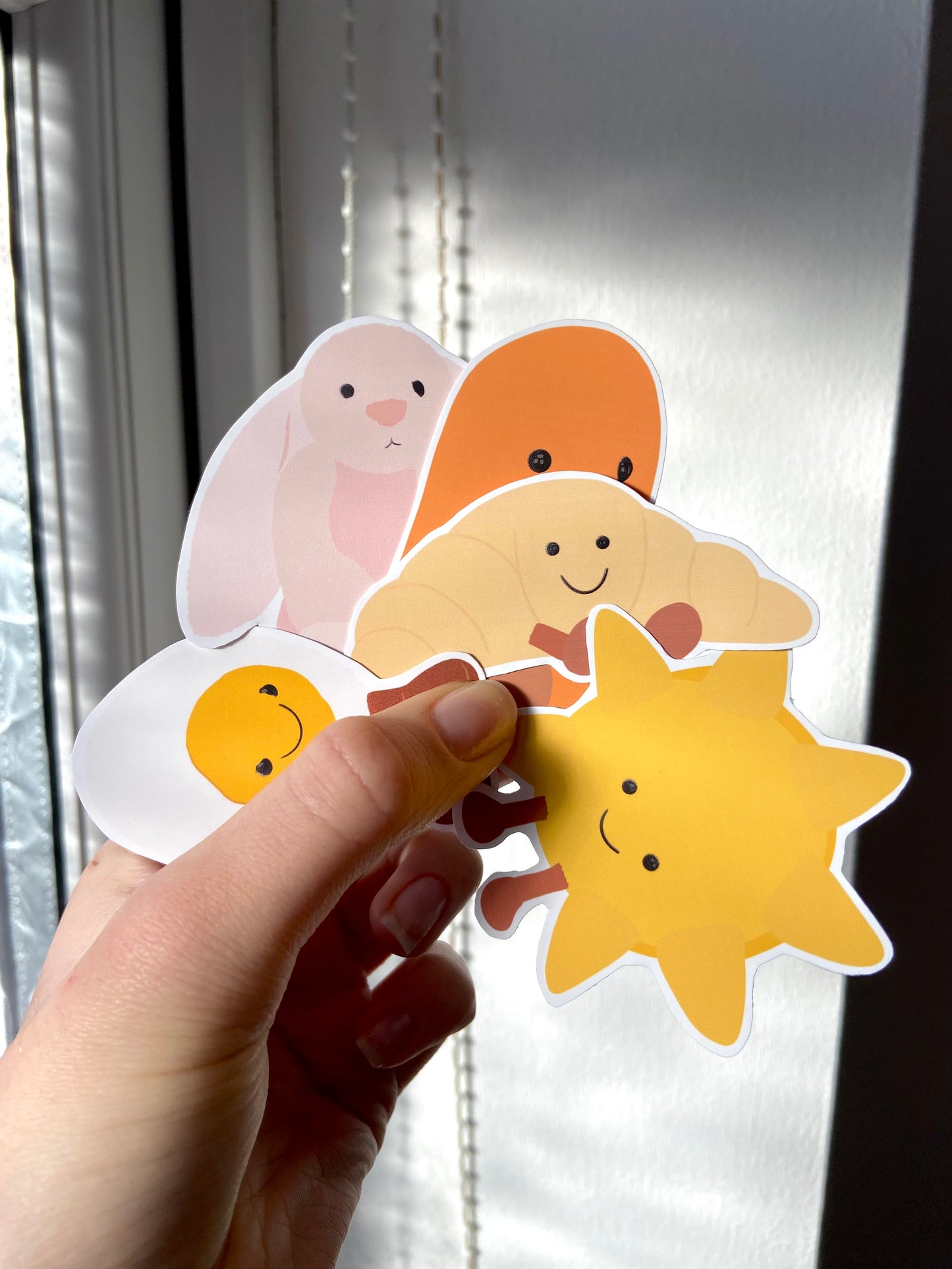Cuddly toy Matte sticker. Block colours. Bean, rabbit, sun shine, croissant and egg