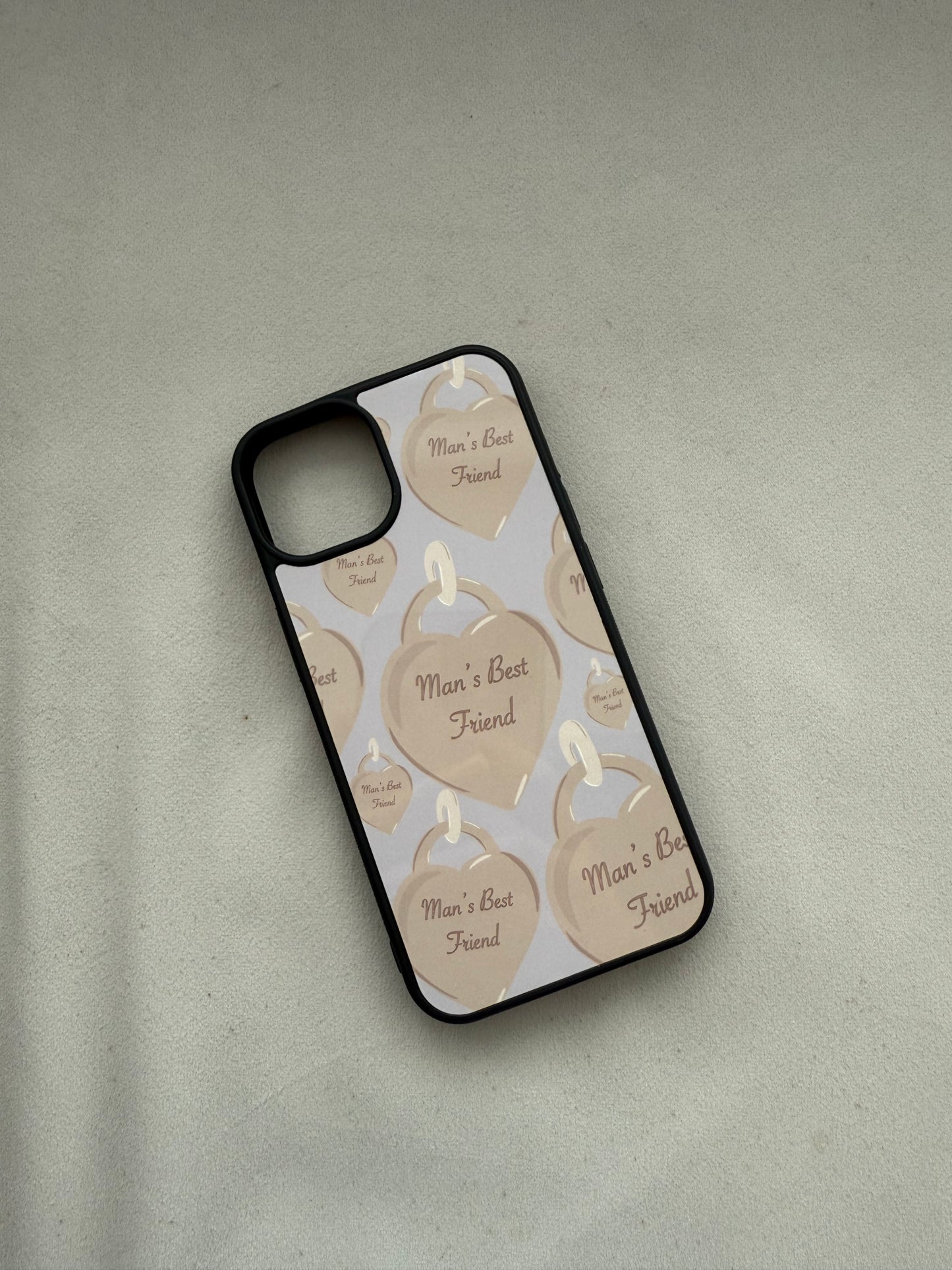 Man’s friend phone case. Heart tag. Blue background