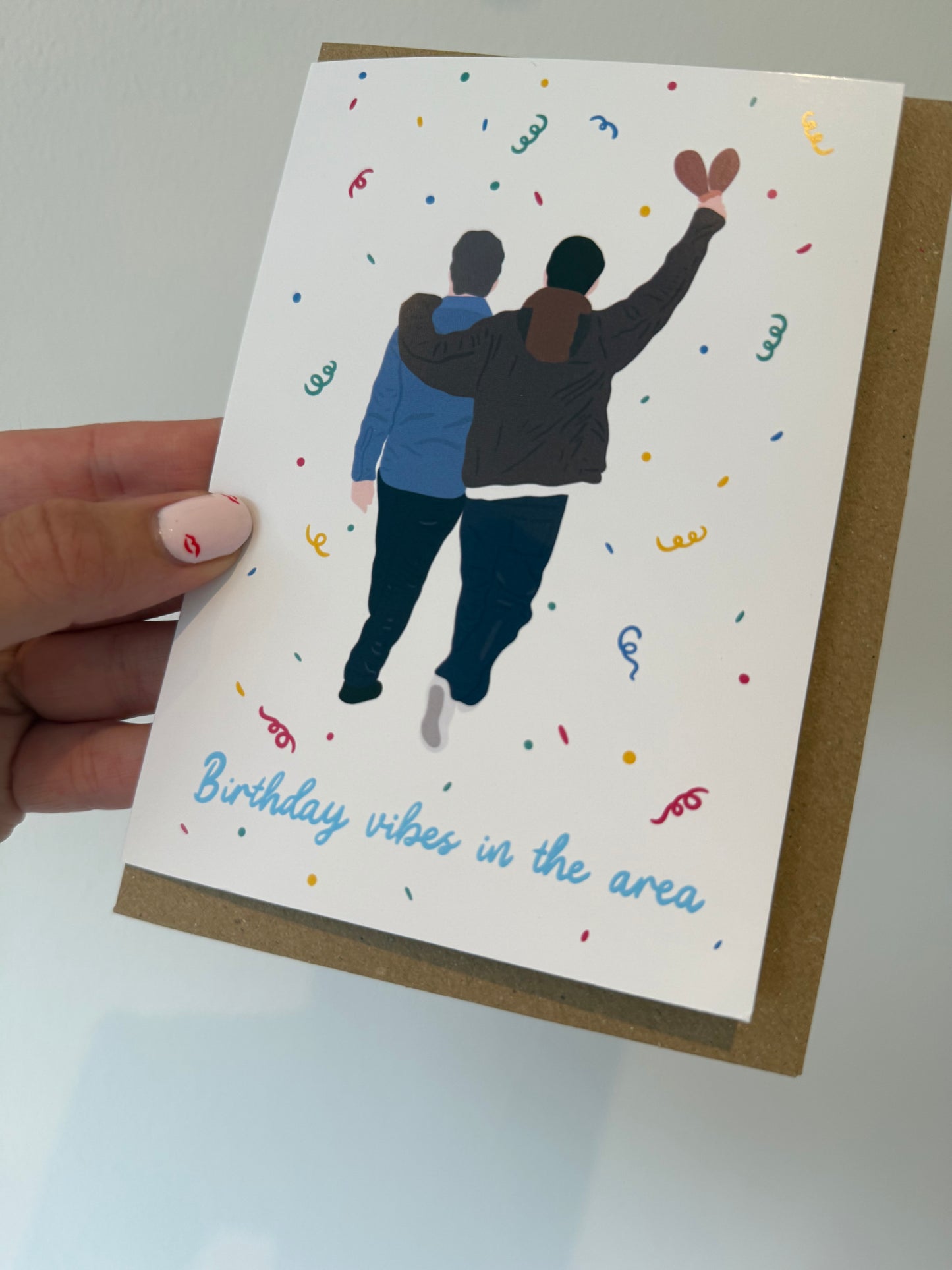 “Birthday vibes in the area” card. A6. Oasis. Liam & Noel