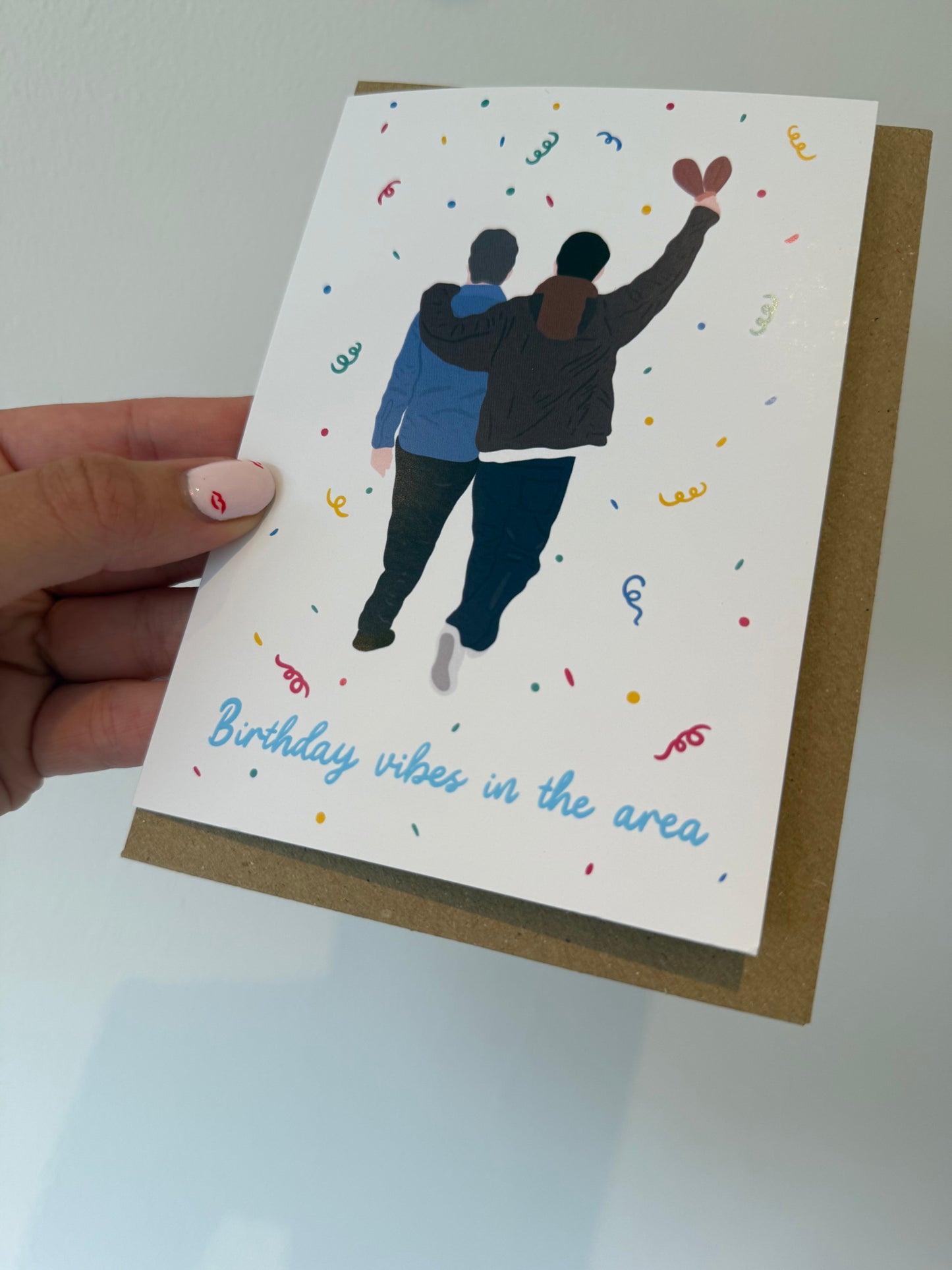 “Birthday vibes in the area” card. A6. Oasis. Liam & Noel