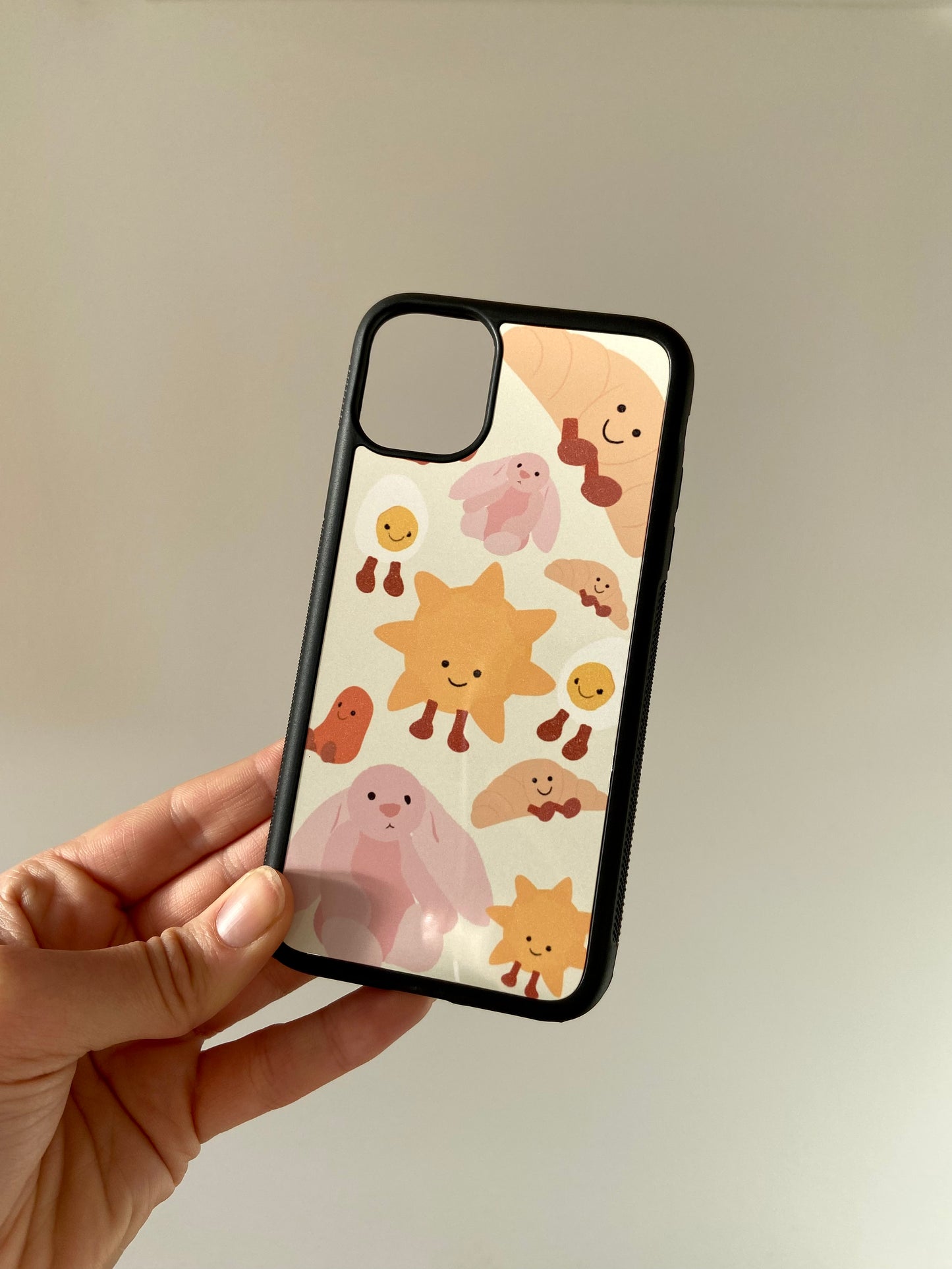 Cuddly toy phone case. Sunshine, rabbit, bean and egg