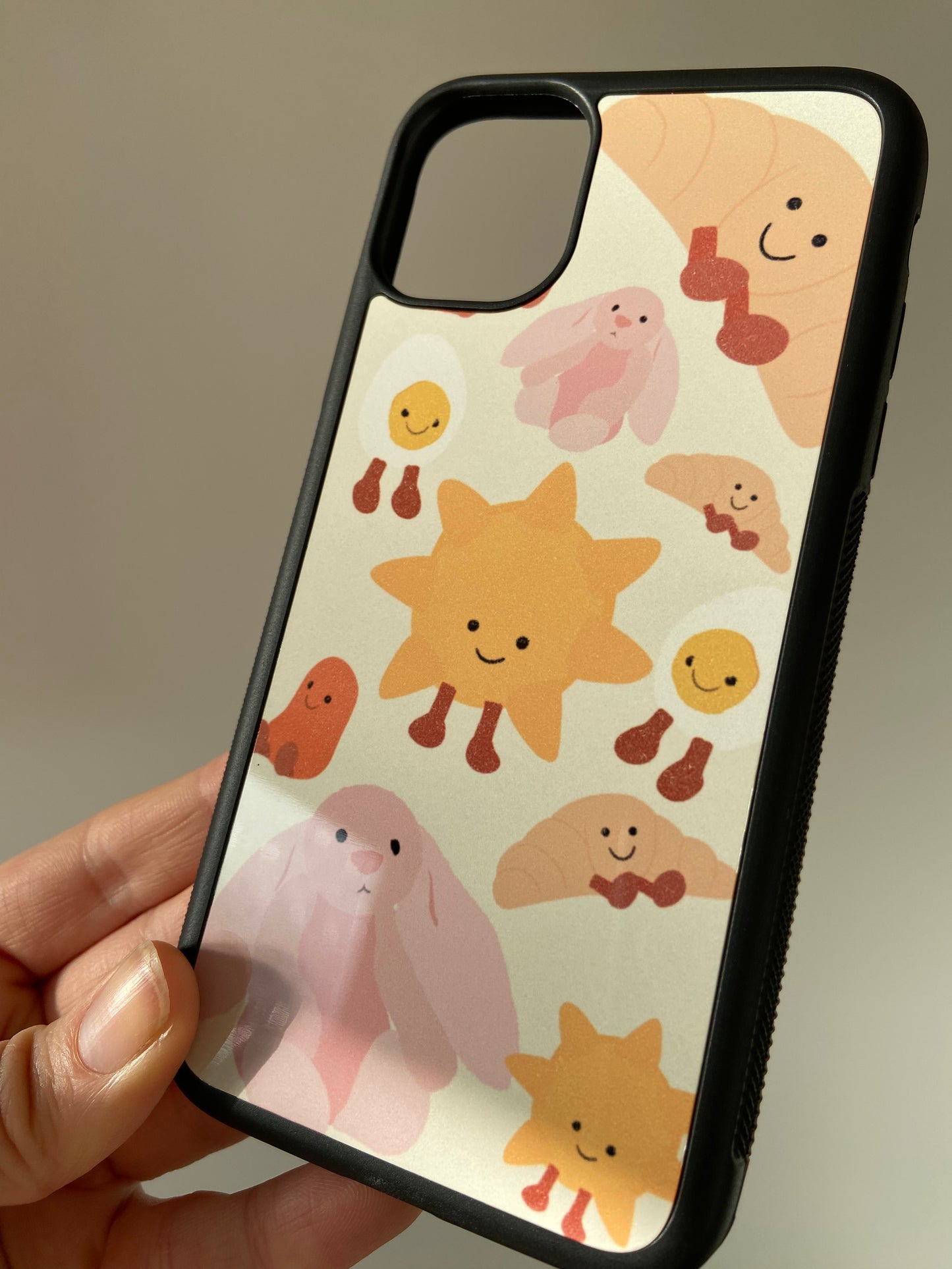 Cuddly toy phone case. Sunshine, rabbit, bean and egg