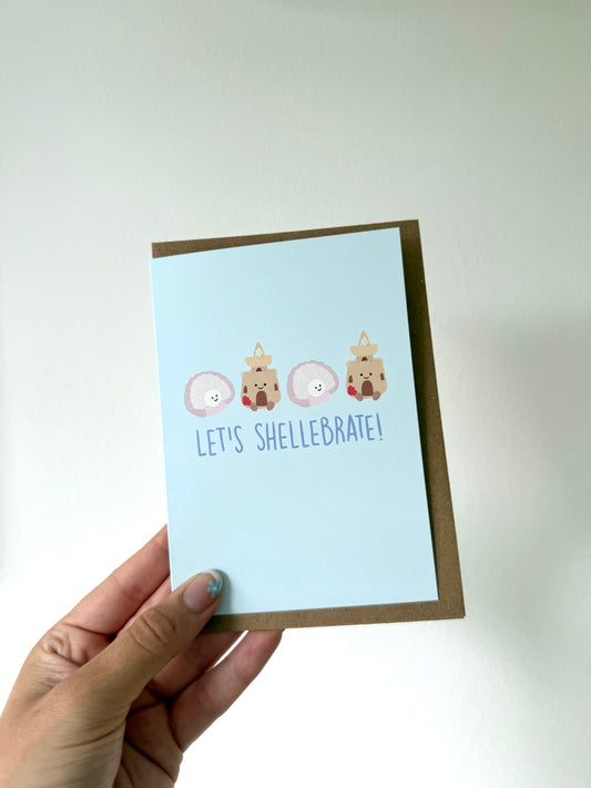 Sea shell celebration card. A6. Let’s shellebrate. Seaside