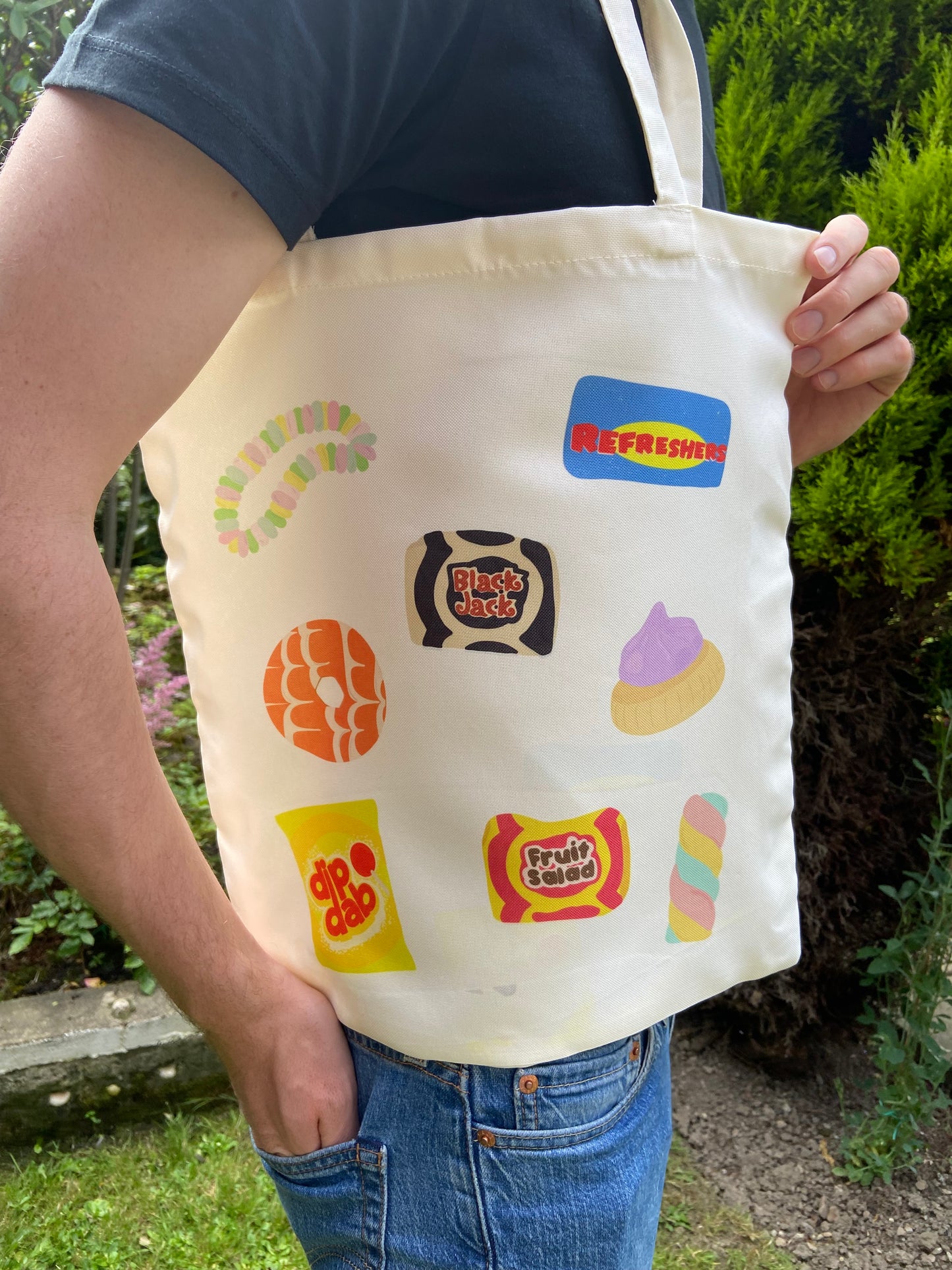 Retro sweets tote bag. Cream