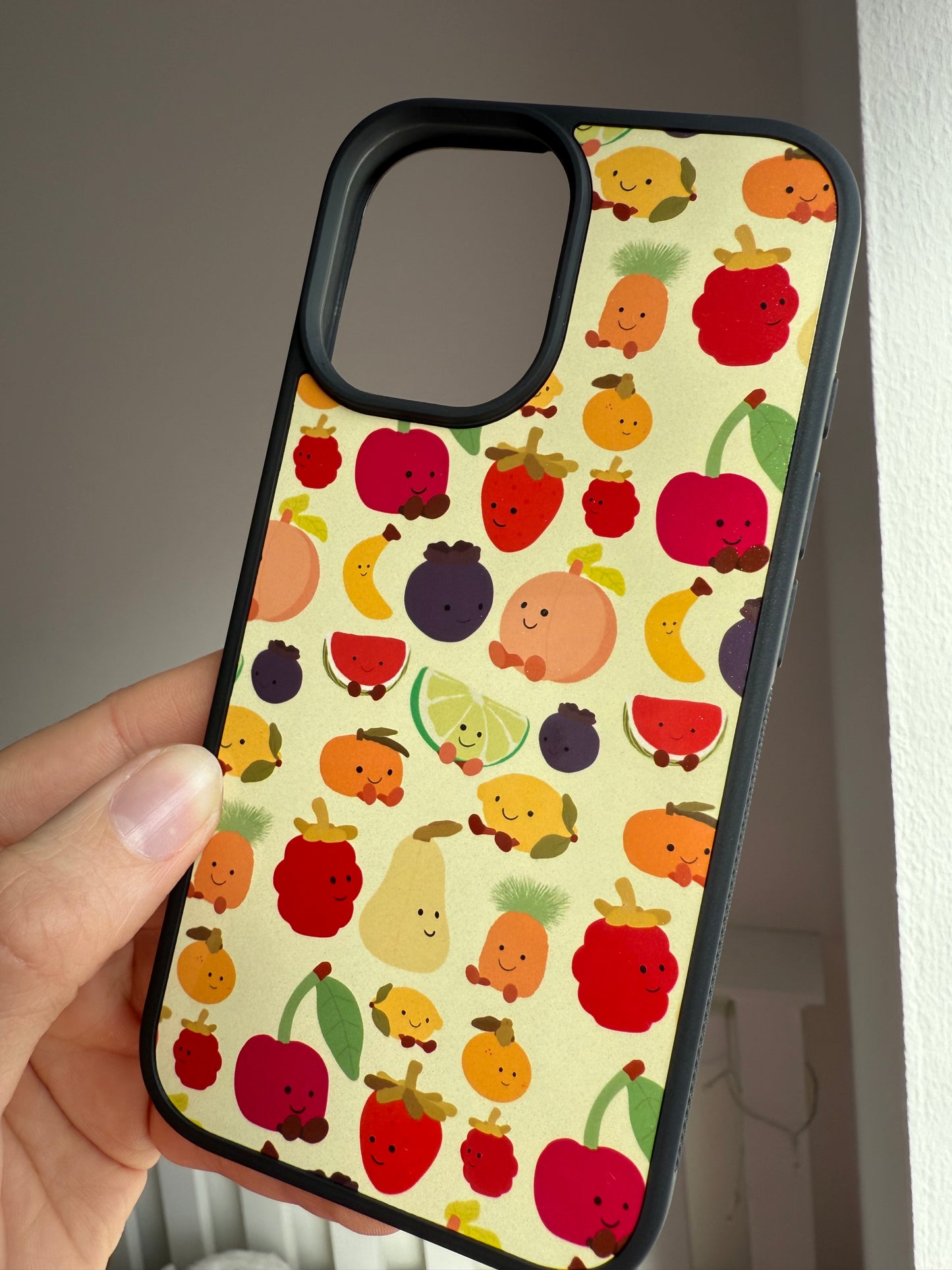 Summer Fruits 2025 phone case. Yellow background