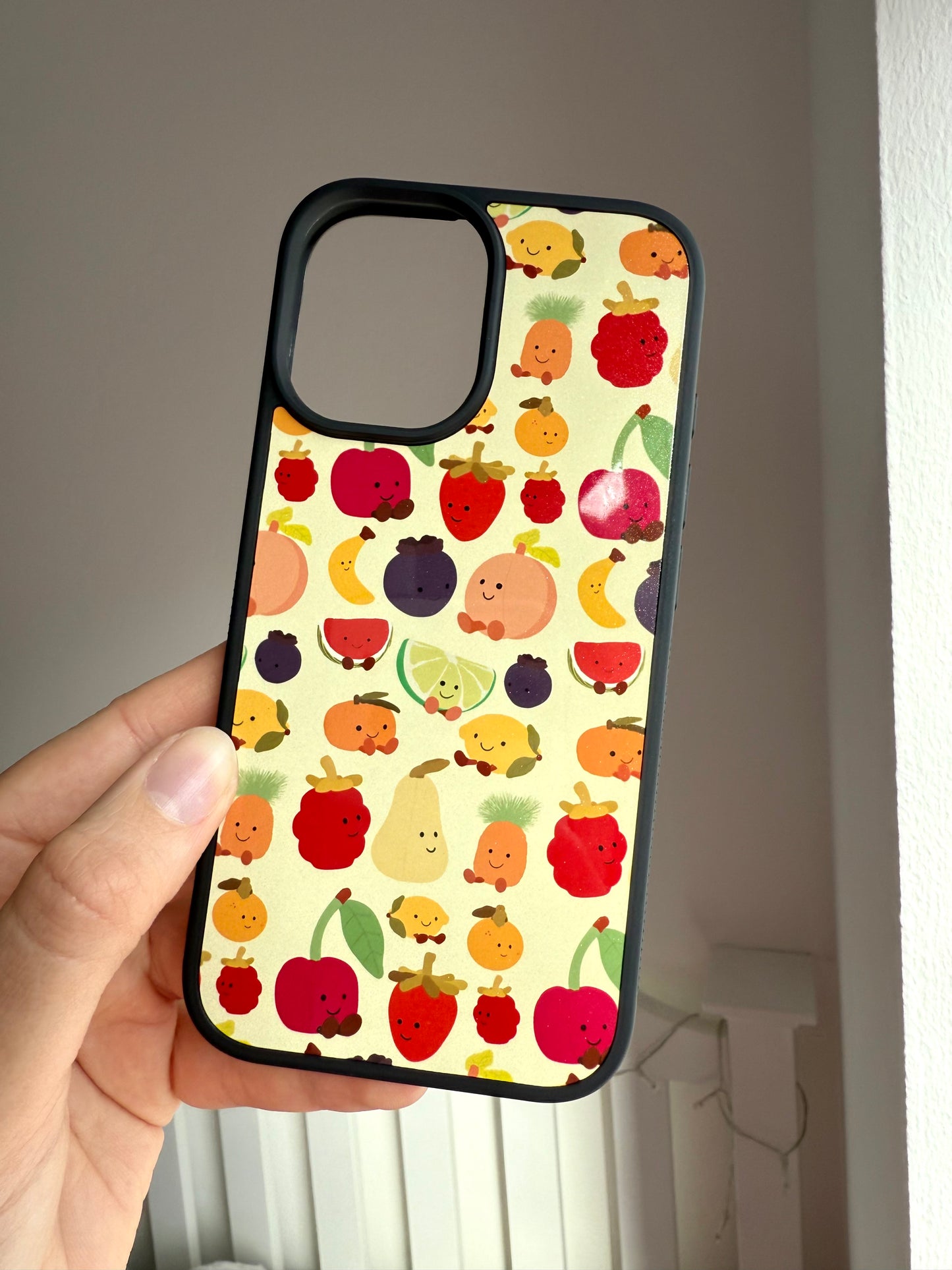 Summer Fruits 2025 phone case. Yellow background