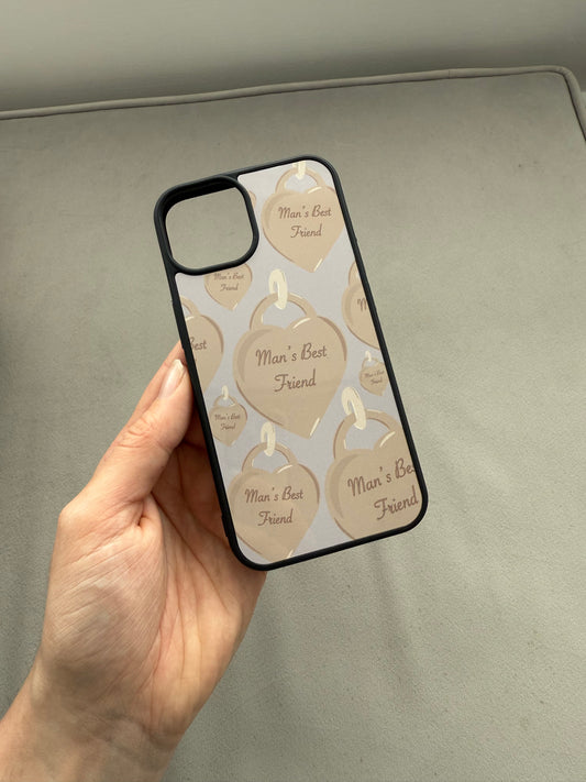 Man’s friend phone case. Heart tag. Blue background