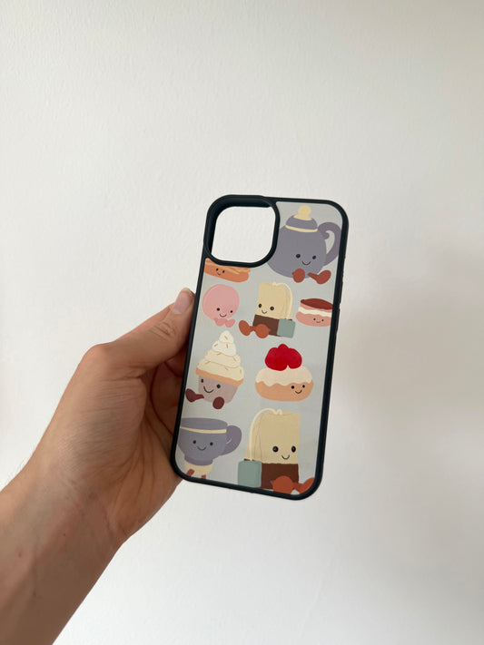 Afternoon Tea phone case. Blue background. Cuddly toys.