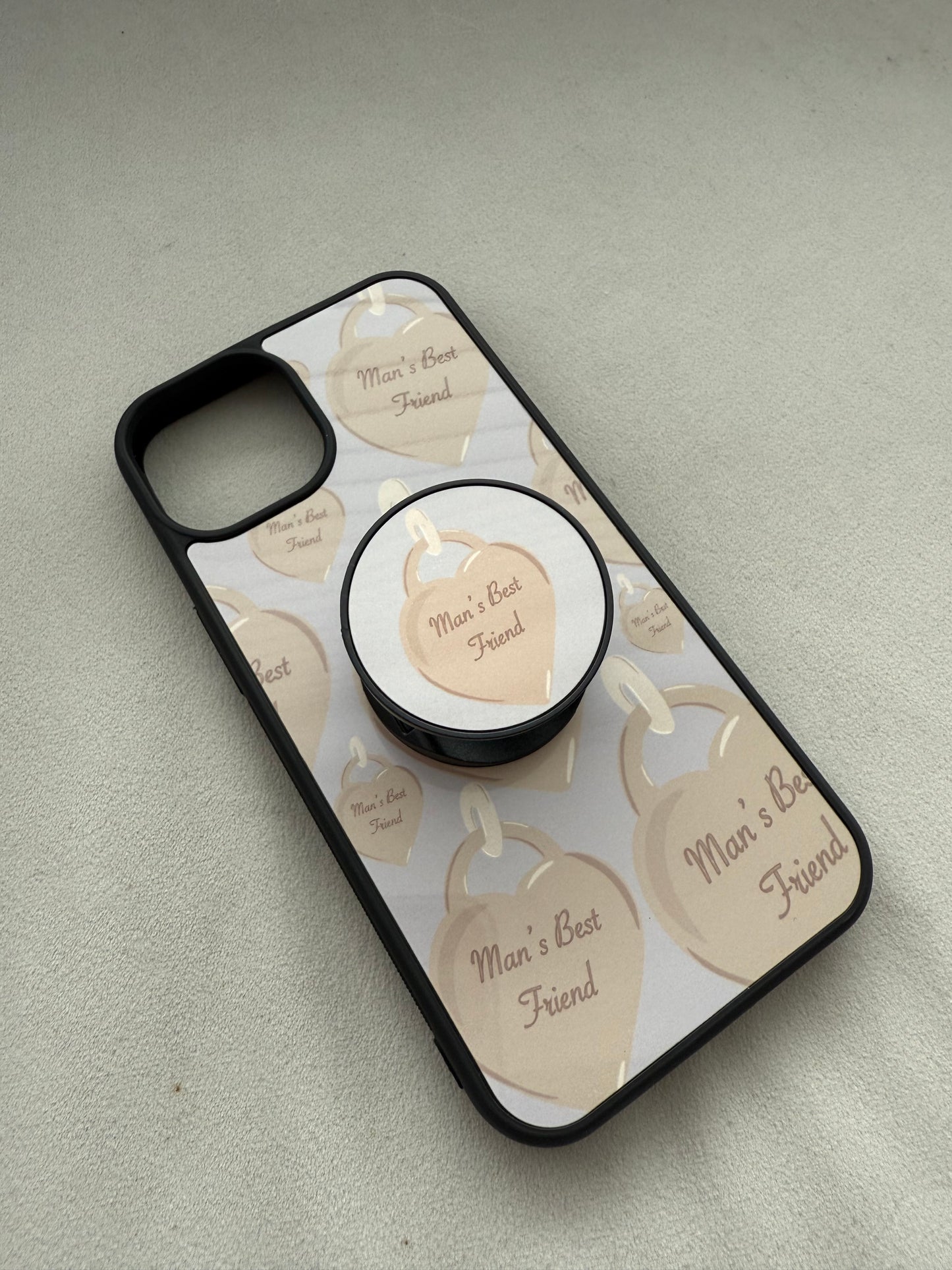 Man’s friend phone pop socket. Heart tag