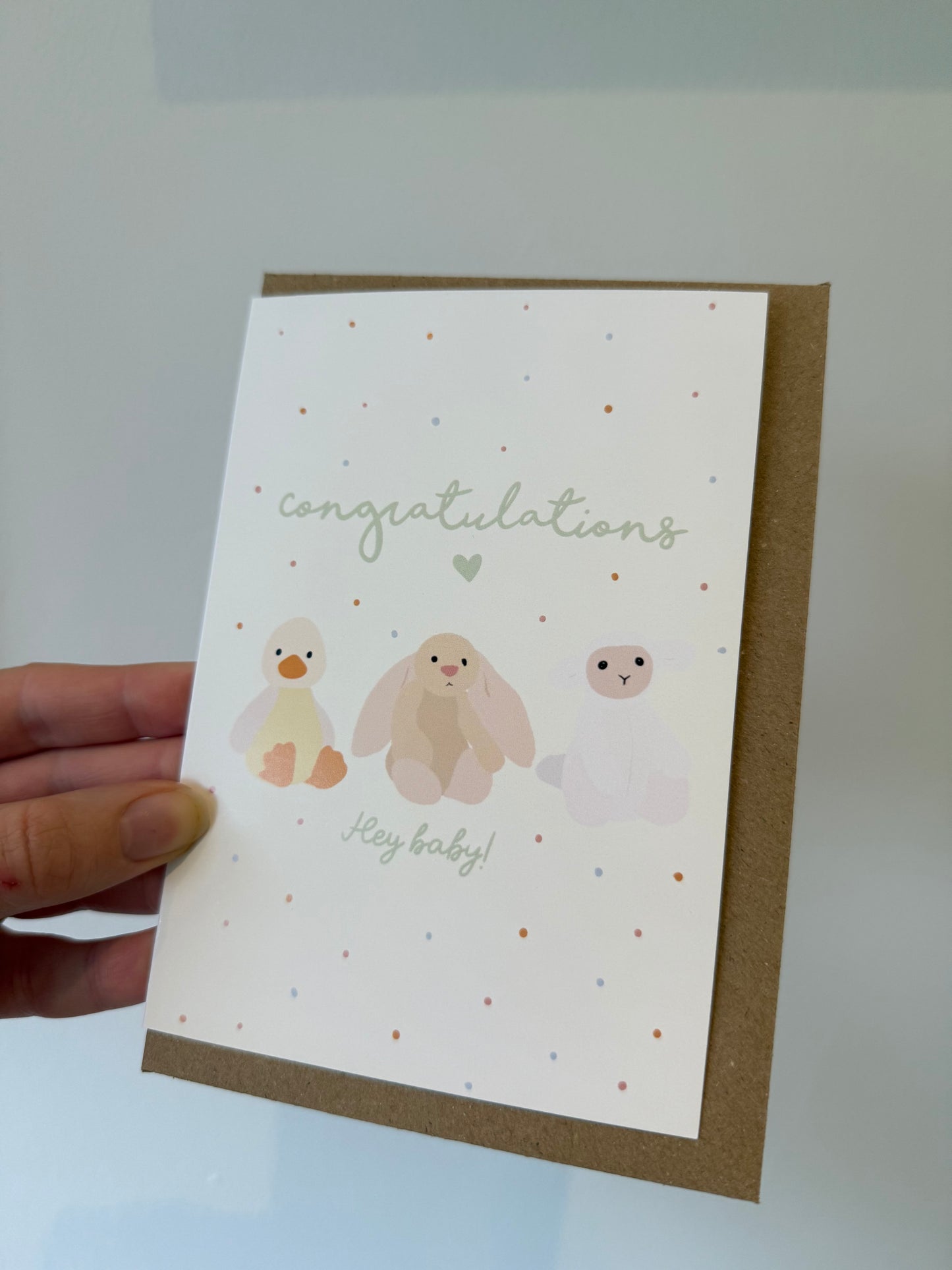 Baby card. “Hey Baby”. A6. Cuddly toy animals