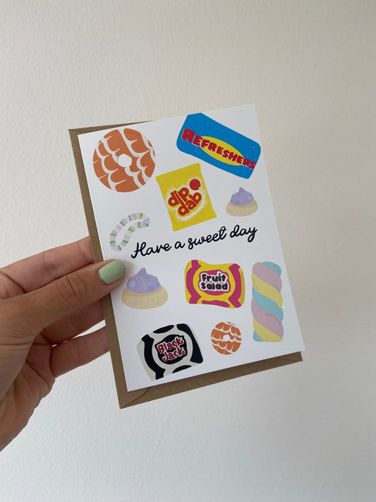 “Have a sweet day” card. Nostalgic sweets. A6.