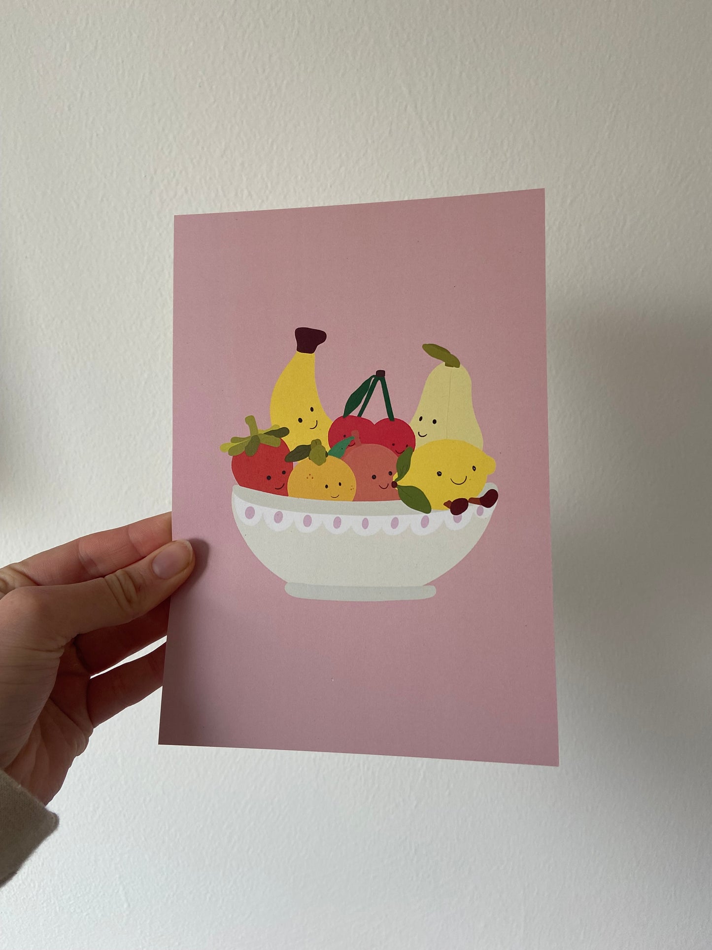 Fruit bowl A5 print. Cuddly toy fruit. Pink background