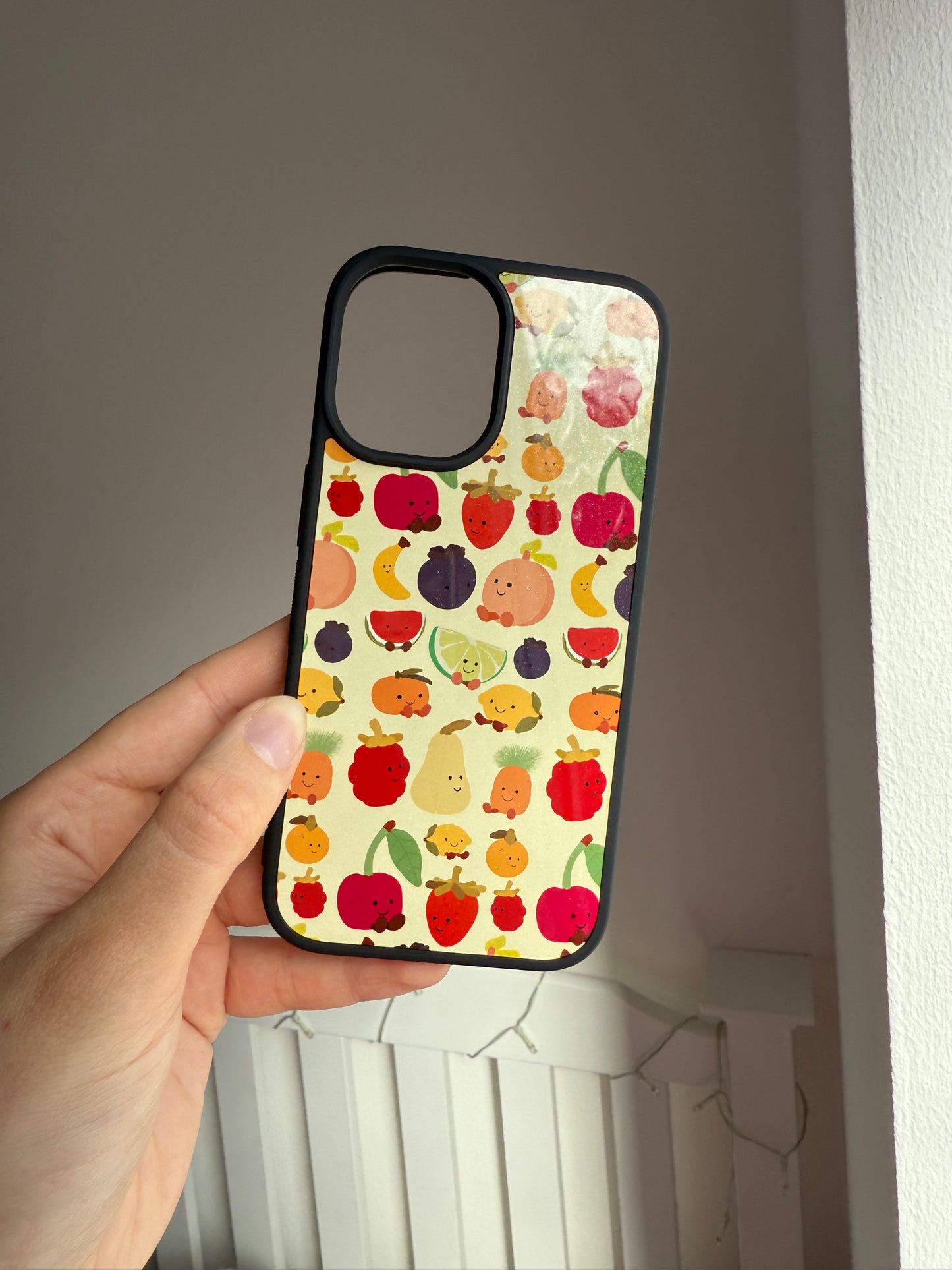 Summer Fruits 2025 phone case. Yellow background