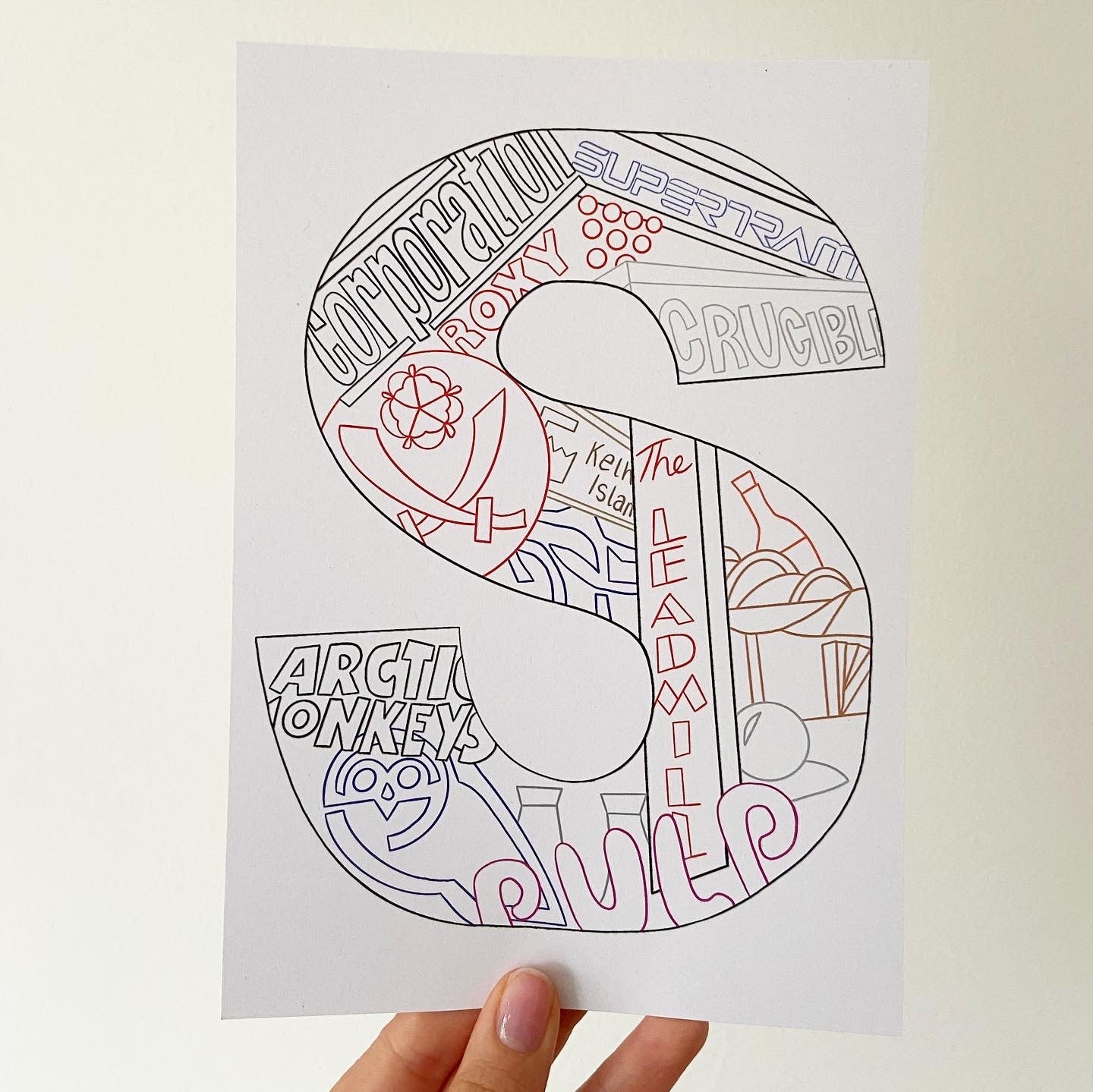 Sheffield print featuring the iconic things of Sheffield. A5