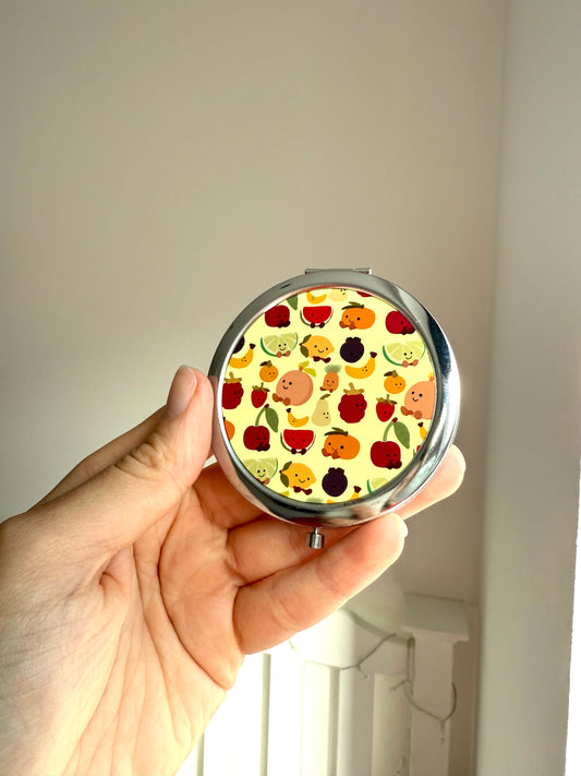 Summer fruits compact mirror. Round. Silver.