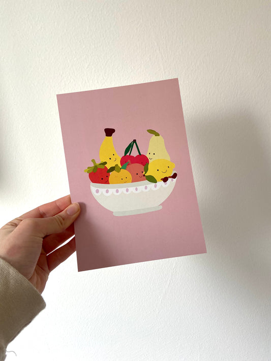 Fruit bowl A5 print. Cuddly toy fruit. Pink background