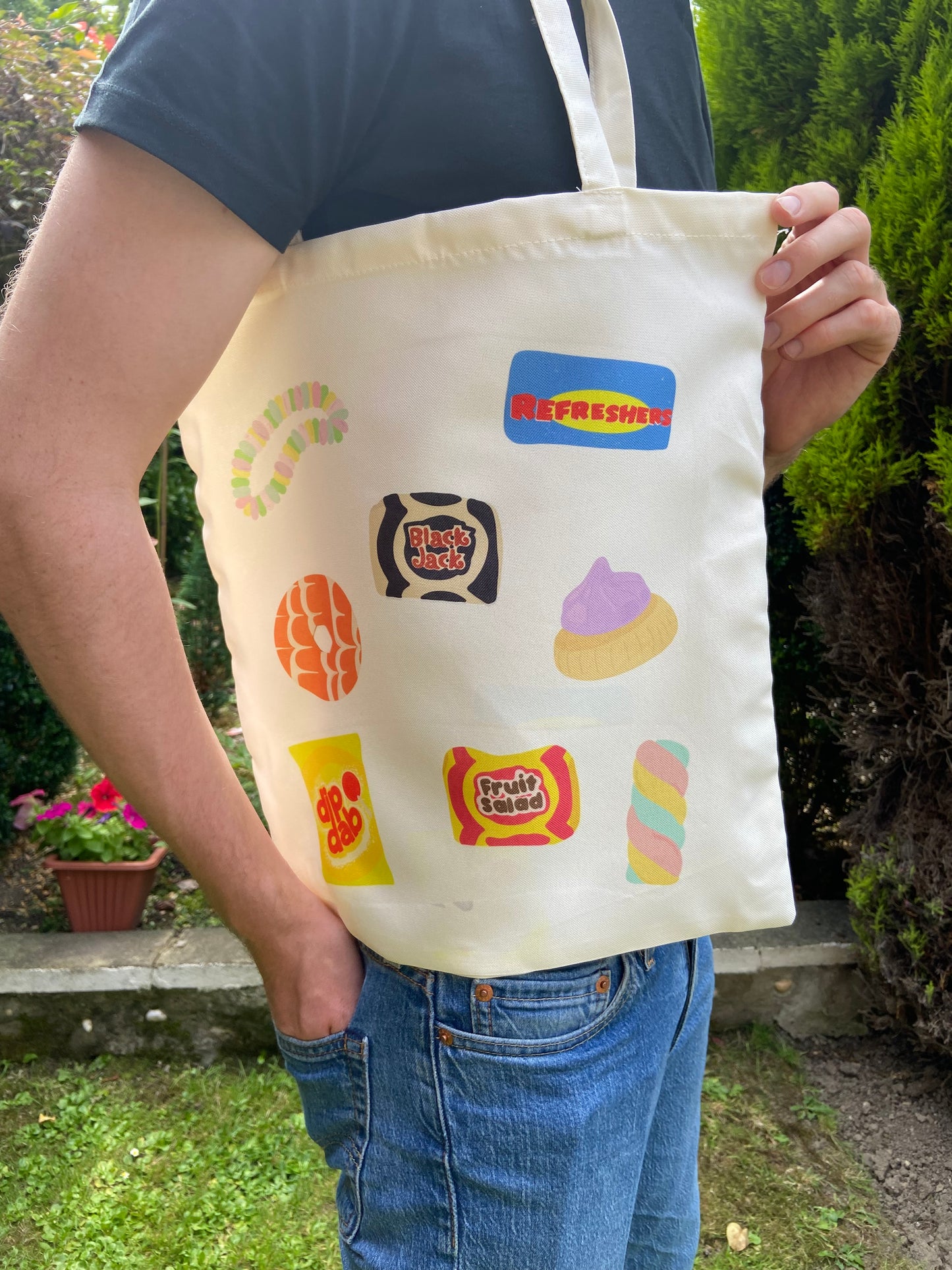 Retro sweets tote bag. Cream