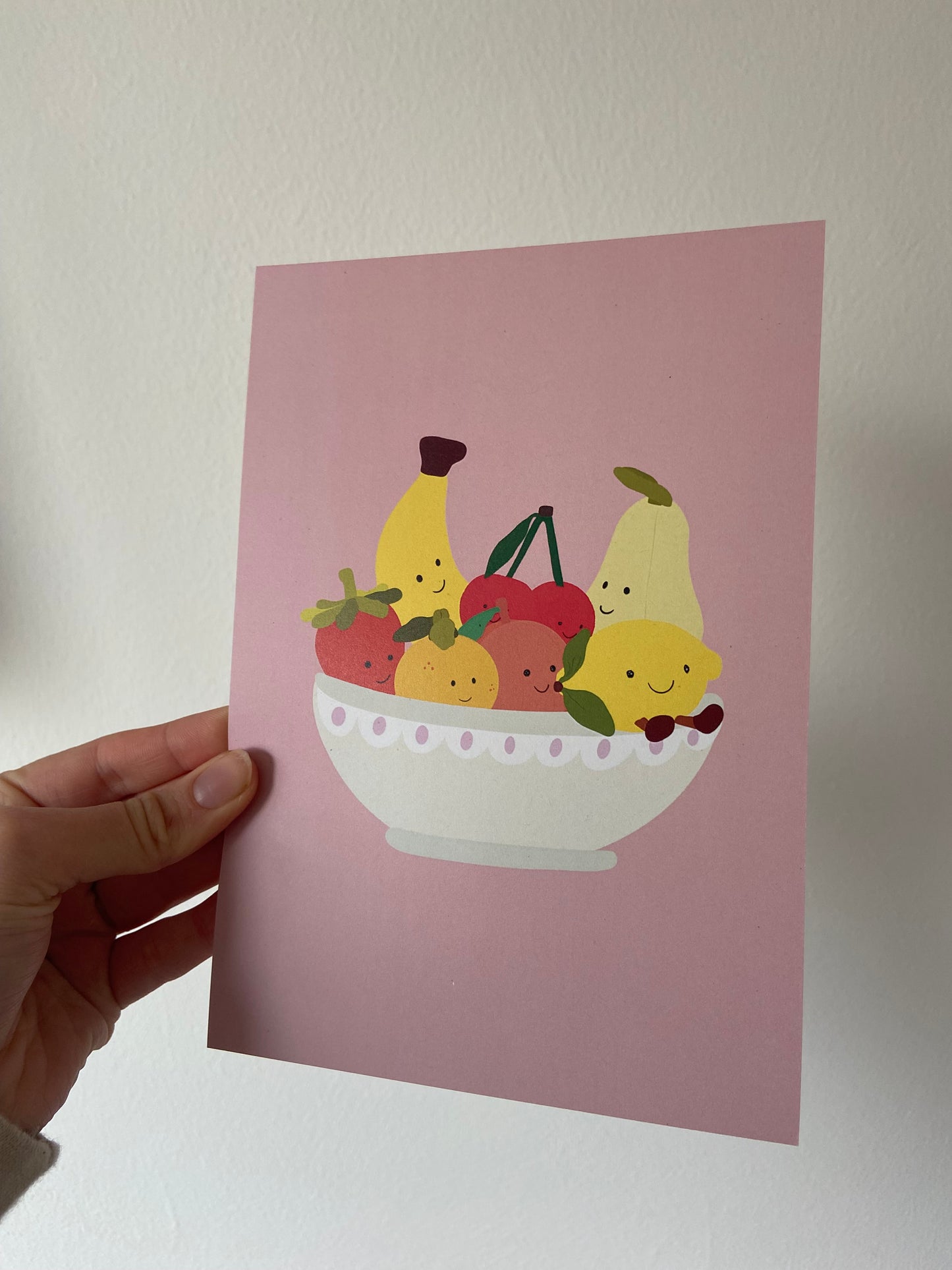 Fruit bowl A5 print. Cuddly toy fruit. Pink background