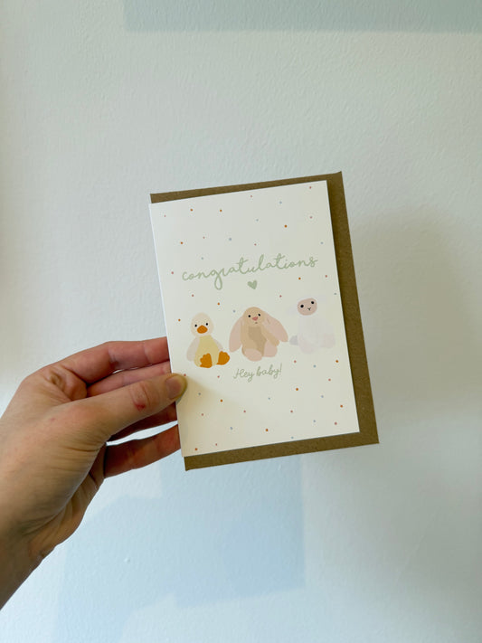 Baby card. “Hey Baby”. A6. Cuddly toy animals