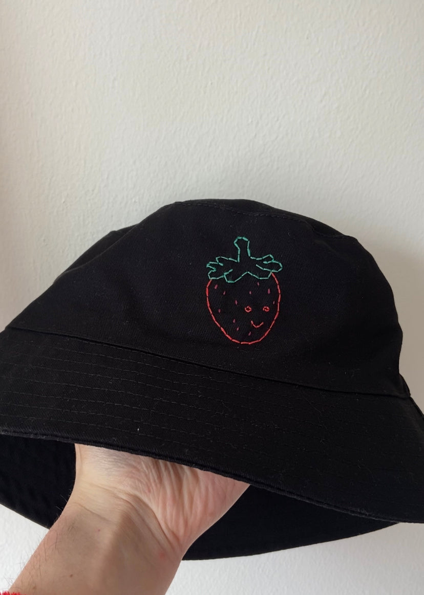Strawberry Hand embroidered, black bucket hat.